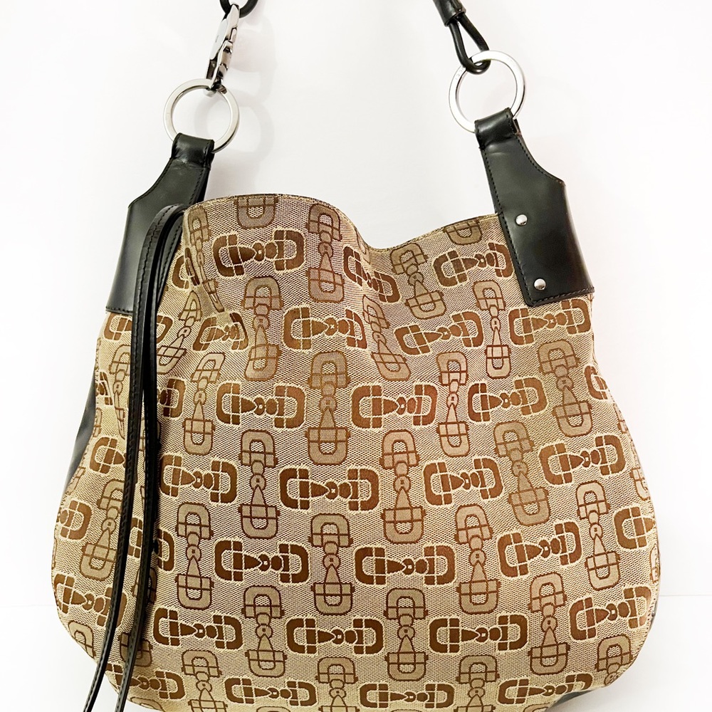 Gucci Large Horse-bit Print Canvas/Brown Leather Hobo Bag Purse